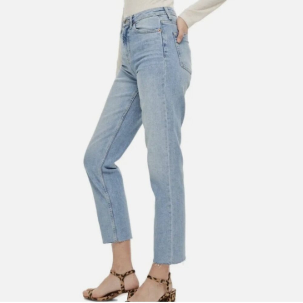 Top Shop Mid Rise Raw Hem Straight Leg Jeans